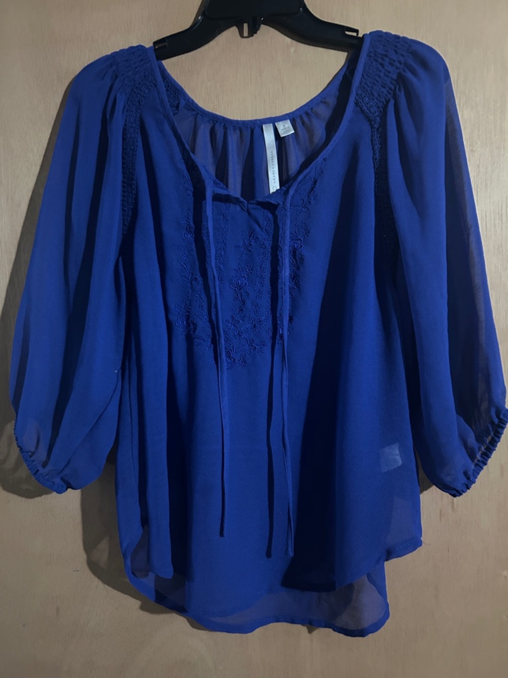LC Lauren Conrad Women's Blue Peasant Blouse with Embroidered Front